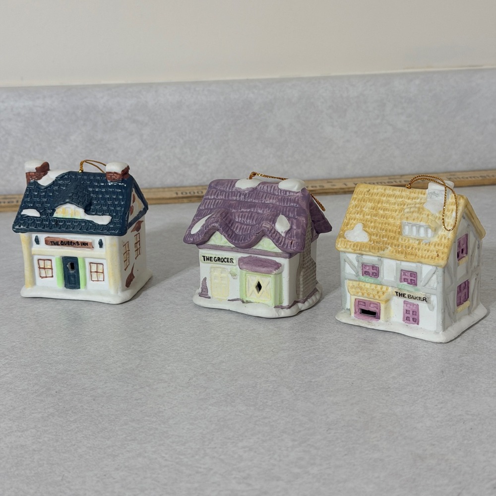 Vintage 1991 Readers Digest Ceramic Village House Ornaments Set of 3 Christmas